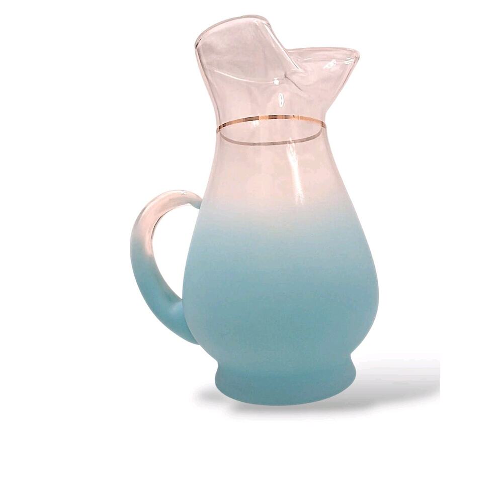 1950 West‎ Virginia Blendo Glass Pitcher Frosted Turquoise Gold w Box Party MCM